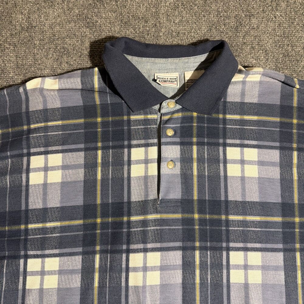 Vtg Bugle Boy Polo Shirt Mens XXL Blue Plaid Short Sleeve Pullover